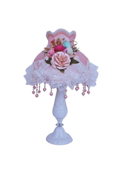 Pudra Pembe Kadife Çiçek Süslemeli Başlık Beyaz Metal Ayaklı Klasik Prenses Model Abajur 50x30cm