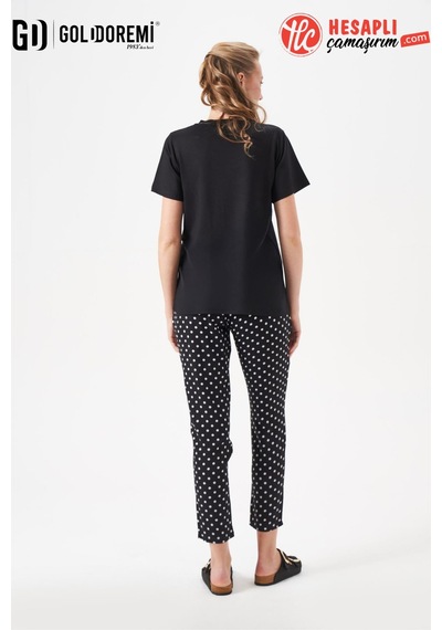 Gd Goldoremi 29149 Premium Kadın V Yaka Rahat Kesim Puantiyeli Kısa Kollu Pijama Takım Siyah