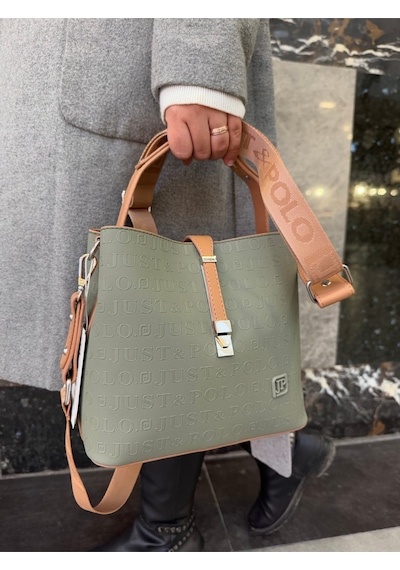 Just Polo Kadın Gofraj Baskılı Büyük Boy El Çantası 4028 Yeşil Camel