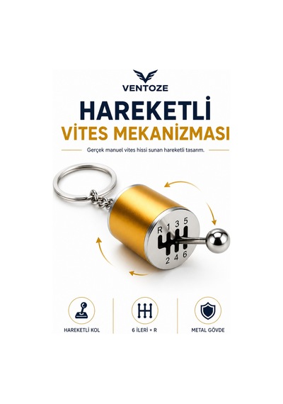 Hareketli Vites Topuzu Tasarımlı Metal Anahtarlık 6 İleri R Oto Aksesuar Altın Metal