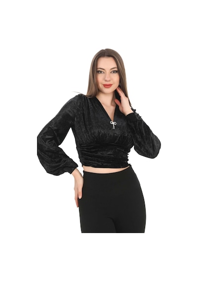 Lodmela Broş Detaylı Kadife Crop 6007-siyah Siyah