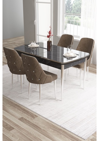 Canisa Tia Serisi 80x132 Açılabilir Mdf Siyah Mermer Desen Krom Detay Masa Takımı Ve 4 Kahverengi Sandalye Masa Siyah Mermer Desen Sandalye Kahve Canisa Tia Serisi 80x132 Açılabilir Mdf Siyah Mermer Desen Krom Detay Masa Takımı Ve 4 Kahverengi Sandalye Masa Siyah Mermer Desen Sandalye Kahve