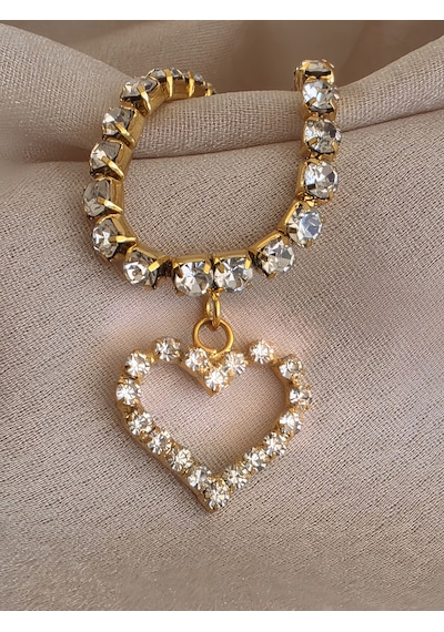 Tek Sıralı Kalp Figürlü Kristal Taşlı Choker Tasma Silver Gold Kolye Altın
