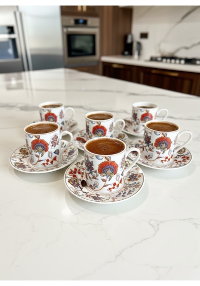 Kapris 6 Kişilik 12 Parça Kahve Fincan Takımı Yx-241105 Beyaz - Kırmızı