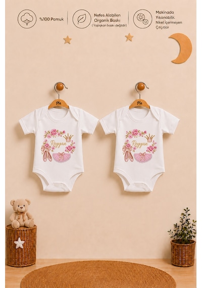 Pia Baby Kız Bebek İsme Özel Hediye Seti 2'li %100 Pamuk Organik Baskılı Body Zıbın Ve Ham Bez Kıyafet Kesesi 2090b2k0x Ekru