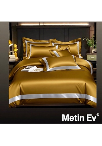 %100 Pamuk Saten 6 Parça Tek Kişilik Premium Nevresim Takımı Altın