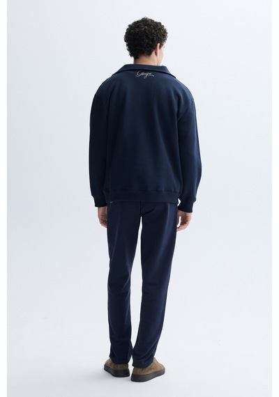 Mudo Erkek Erkek Lacivert Loose Fit Fermuarlı Dik Yaka Nakışlı Sweatshirt 1264396