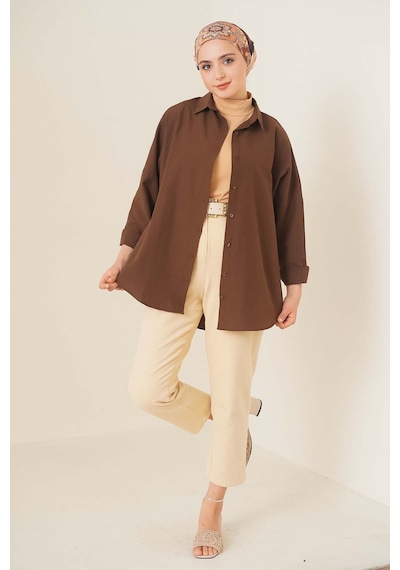 Bigdart 103901 Oversize Basic Tesettür Gömlek - Kahverengi 001