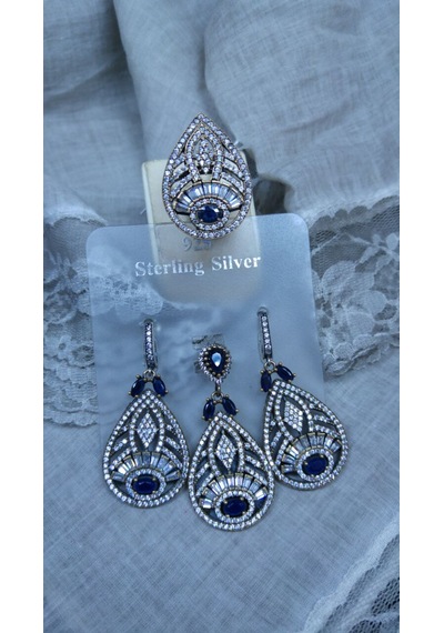 Otantik Safir Taşlı Gümüş 3 Lü Set Bronz