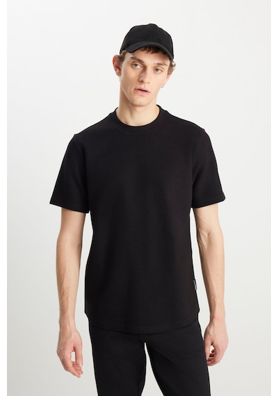 Relaxed Fit Geniş Kesim Bisiklet Yaka Siyah Dokulu Basic Tişört Siyah