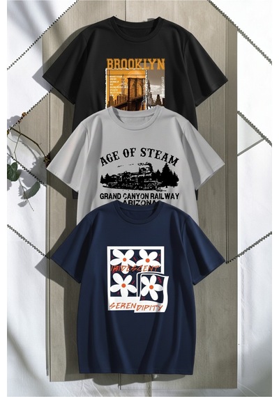 Uyguntarz Unisex Siyah Gri Lacivert 3'lü Tasarım Tshirt Seti Çok Renkli