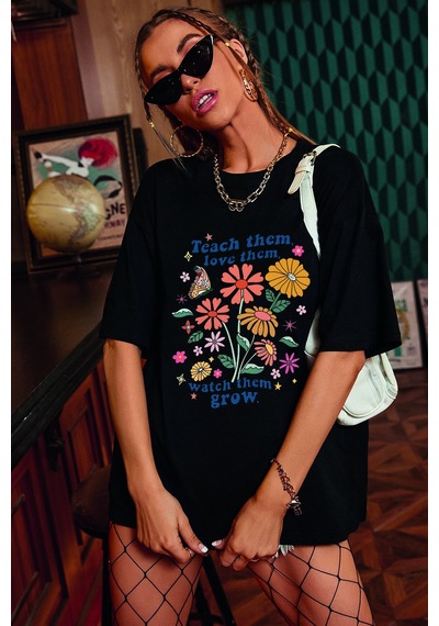 Unisex Flowers Baskılı Oversize Tshirt Siyah