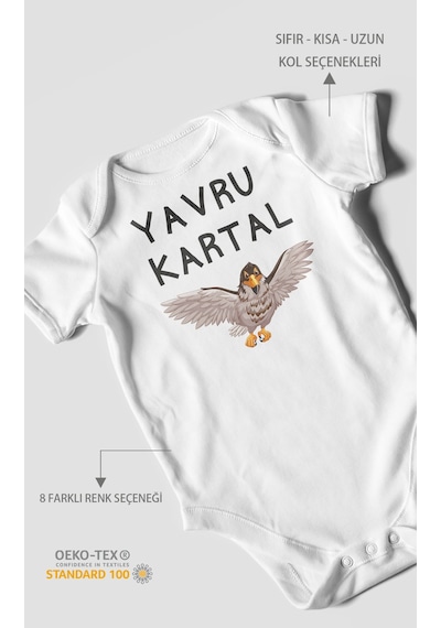 Yavru Kartal Baskılı Bebek Zıbını Çıtçıtlı Body %100 Pamuk Kısa Kol Beyaz