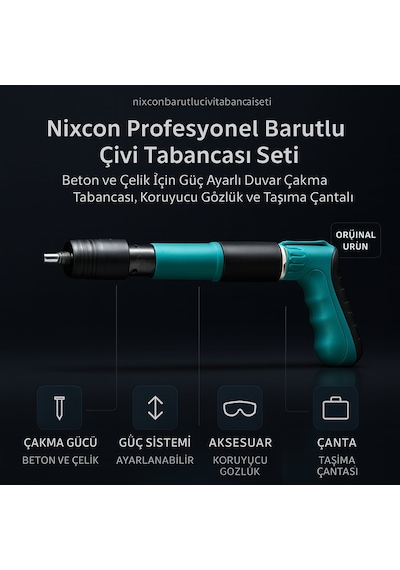 Nixcon Profesyonel Barutlu Çivi Tabancası Seti Beton Ve Çelik İçin Güç Ayarlı Duvar Çakma Tabancası, Koruyucu Gözlük Ve Taşıma Çantalı