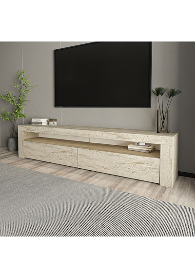 Batı LED Işıklı 2 Kapaklı TV Sehpası – 150 cm – Minimal Tasarım, Traverten