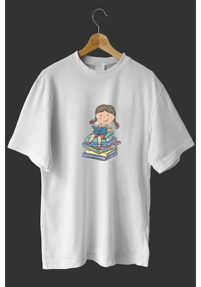 Noıssey -wed Kitap Okuyan Kız Tasarım Baskılı Oversize T-shirt Tişört Beyaz