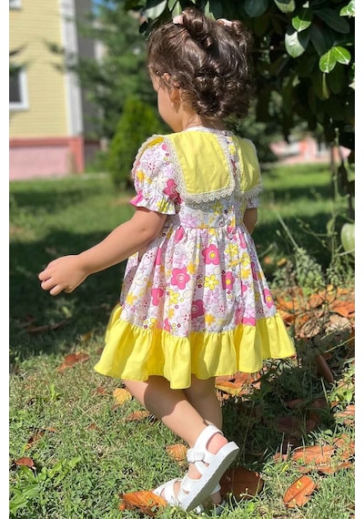 Dantel Detaylı Bahriye Yaka Çiçekli Renkli Sarı Kız Çocuk Bebek Elbise 001