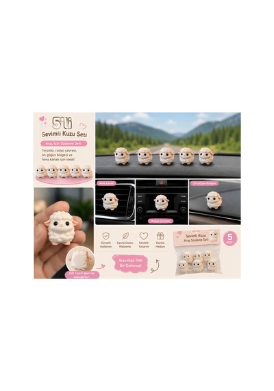 Sevimli Kuzu Araç İçi Süs 5 Li Set 2 Cm 3d Baskı Torpido Klima Ve Radyo Çevresi Dekoru