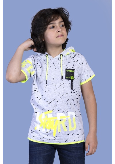 Toontoy Kids Toontoy Erkek Çocuk Kapüşonu File Detaylı Armalı Tişört Gri Melanj