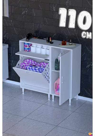 Luna 110 Cm Modüler Çamaşır Sepetli Banyo Dolabı Ve Mutfak Kiler Dolabı Beyaz 65+45 X97x32 Cm Luna 110 Cm Modüler Çamaşır Sepetli Banyo Dolabı Ve Mutfak Kiler Dolabı Beyaz 65+45 X97x32 Cm