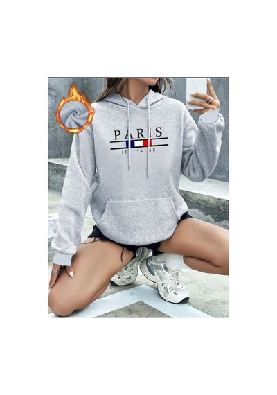 Medinenur Paris Jet Desenli İçi Pamuk Sweatshirt Gri