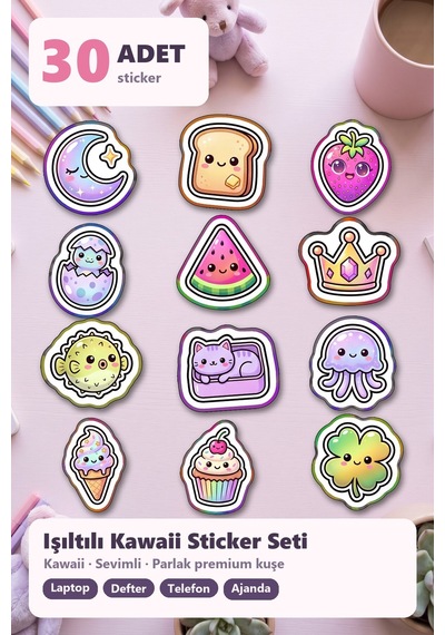 30 Adet Holografik Sevimli Figürler Sticker Seti - Laptop Defter Telefon İçin Çok Renkli