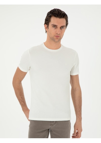 Beyaz Slim Fit Çizgi Dokulu Bisiklet Yaka T-shirt 15841036
