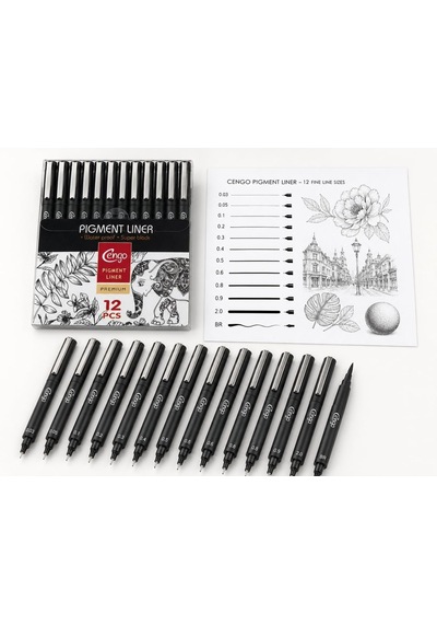 12'li Pigment Liner Teknik Çizim Kalemi Seti Eskiz, Mimari Çizim Ve İllüstrasyon Seti, Suya Dayanıklı Siyah M Genel