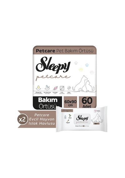 Sleepy Petcare Pet Bakım Örtüsü 2 x 30 Adet + Evcil Hayvan Islak Havlusu 2 x 60 Adet