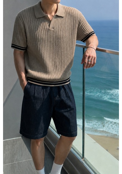 Tarz Cool Oversize Fit Çizgili Triko Polo Yaka Erkek Tişört Ribana Dokulu Premium Yazlık Model Bej