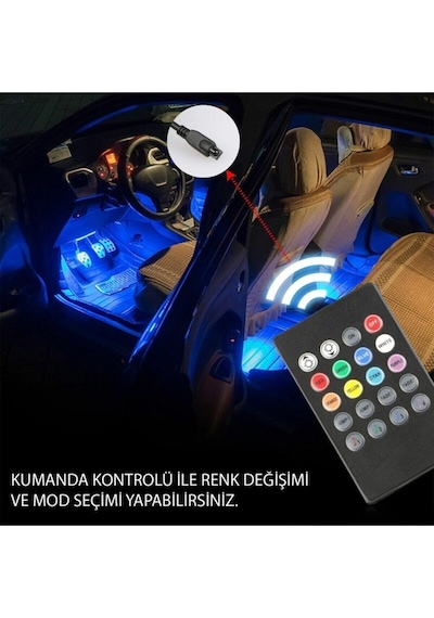 Redno Araç Içi Ayak Altı Led Aydınlatma Rgb 9Led Kumandalı Oto Şerit 12 Volt
