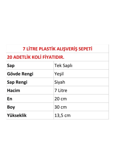 7 Litre Plastik Kozmetik Alışveriş El Sepeti Yeşil 20 Adet / En:20 Boy:30 Yükseklik:13,5 Cm Yeşil