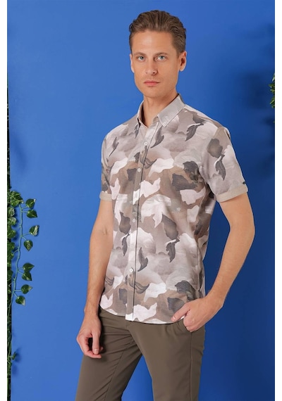 Efor Slim Fit Düğmeli Yaka Kamuflaj Desenli Kısa Kol Pamuk Bej Gömlek G 1500 Bej