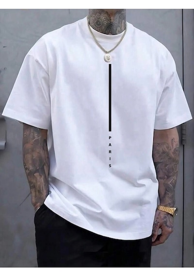Startmore Unisex Paris Çizgi Baskılı Oversize %100 Pamuk Beyaz
