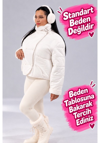 Ay-sel Büyük Beden Kadın Beyaz 42-48 Beden Kapitone Elyaf Dolgulu Astarlı Düğmeli Cepli Ceket Aysel