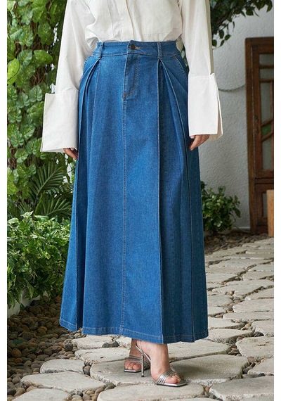 2288-denim Pileli Etek Koyu Mavi Koyu Mavi