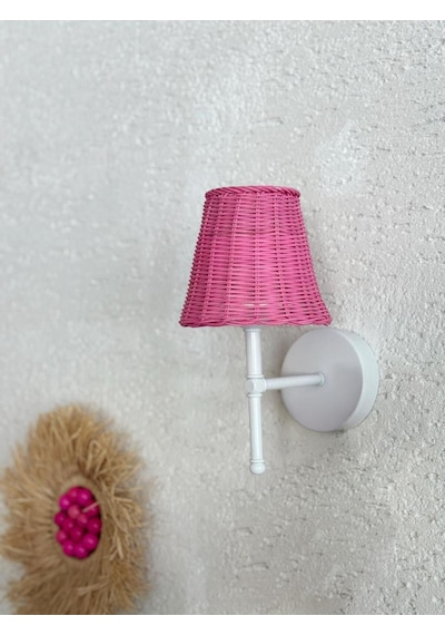 Pembe Rattan Kablosuz Pilli Duvar Aydınlatması Aplik - Alt Beyaz Pembe