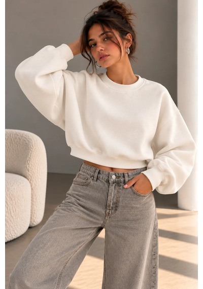Bbbutikbasic 3 İplik Şardonlu Kısa Sweatshirt Bisiklet Yaka Kadın 3 İplik Şardonlu My3535 Ekru