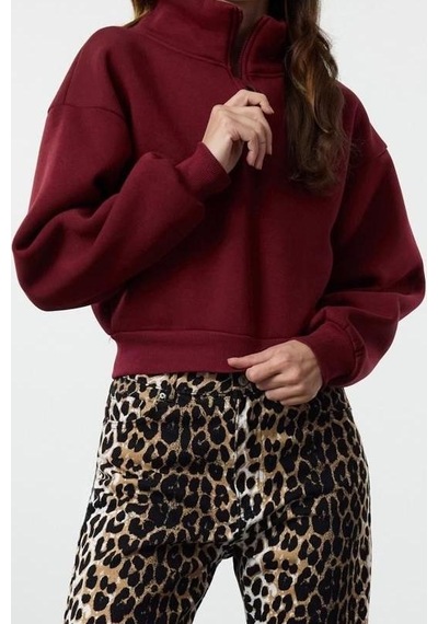 Ersefa Fitted Fermuarlı Yaka Crop Rahat Kesim Crop Basic Fermuarlı Kalın Bordo