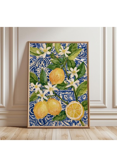 İtalyan Limon Çini Duvar Sanatı Akdeniz Mavisi Ve Sarı Suluboya Botanik Baskı