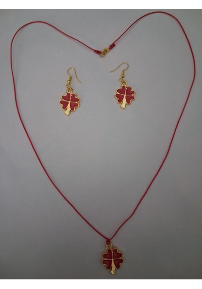 Set Kolye, Küpe Yonca Kırmızı Boyalı, Tek Yüzlü Hediye Ambalajlı