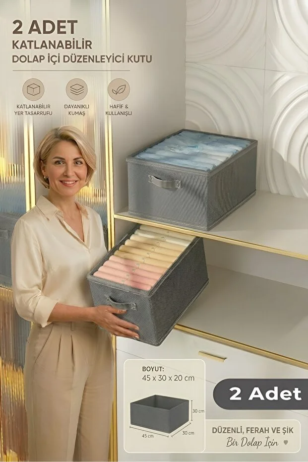 2 Adet Katlanabilir Dolap İçi Düzenleyici Kutu 45x30x20 Cm Kıyafet Ve Giysi Organizer Saklama Kutusu Açık gri