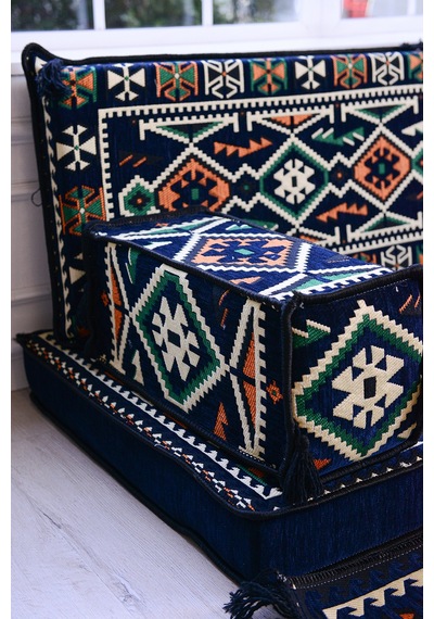 Otantik Şark Köşesi Takımı Lacivert Anadolu 13 Parça Kilim Ve Puf Dahil Süngerli Sedir Seti