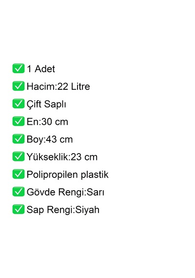 Plastik Alışveriş El Sepeti Çift Saplı 22 Litre Sarı 1 Adet / En:30 Boy:43 Yükseklik:22 Cm Sarı