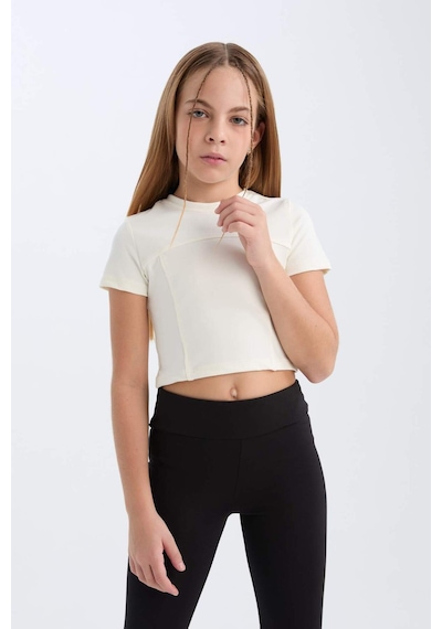 DeFacto Kız Çocuk Slim Fit Dar Kesim Bisiklet Yaka Kısa Kollu Tişört D9789A825SMER99 Ekru
