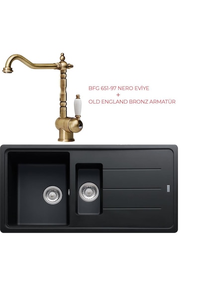 Franke BFG 651 Evye Nero Granit Evye + Old England Bronz Armatür Set