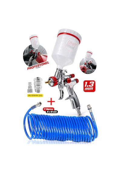 Premium Ayarlanabilir Üstten Depolu Profesyonel 600 Cc Boya Sprey Tabancası Hortum Set 7 Metre-8x12mm
