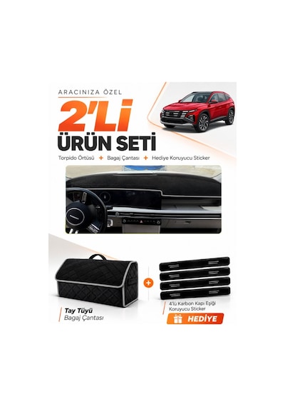 Hyundai Tucson 2024+ Sonrası Uyumlu Torpido Örtüsü + Tay Tüyü Bagaj Çantası + Sticker - Siyah Gri