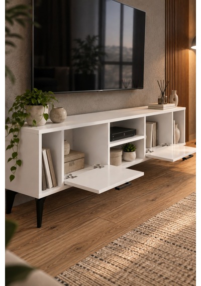 Sulorahome Suntalam Tv Unit With Doors And Shelves 160x35 Cm Beyaz