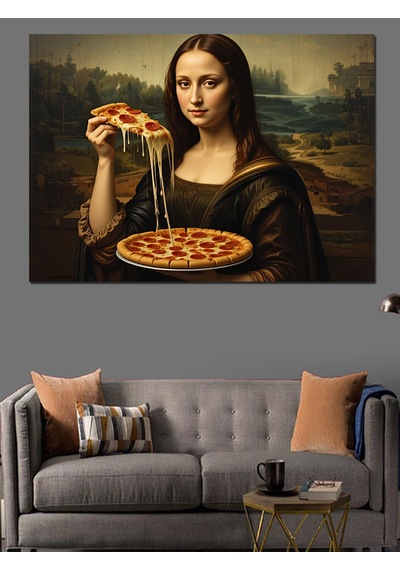 Pizza Yiyen Mona Lisa Dekoratif Kanvas - Mdf Ahşap Tablo